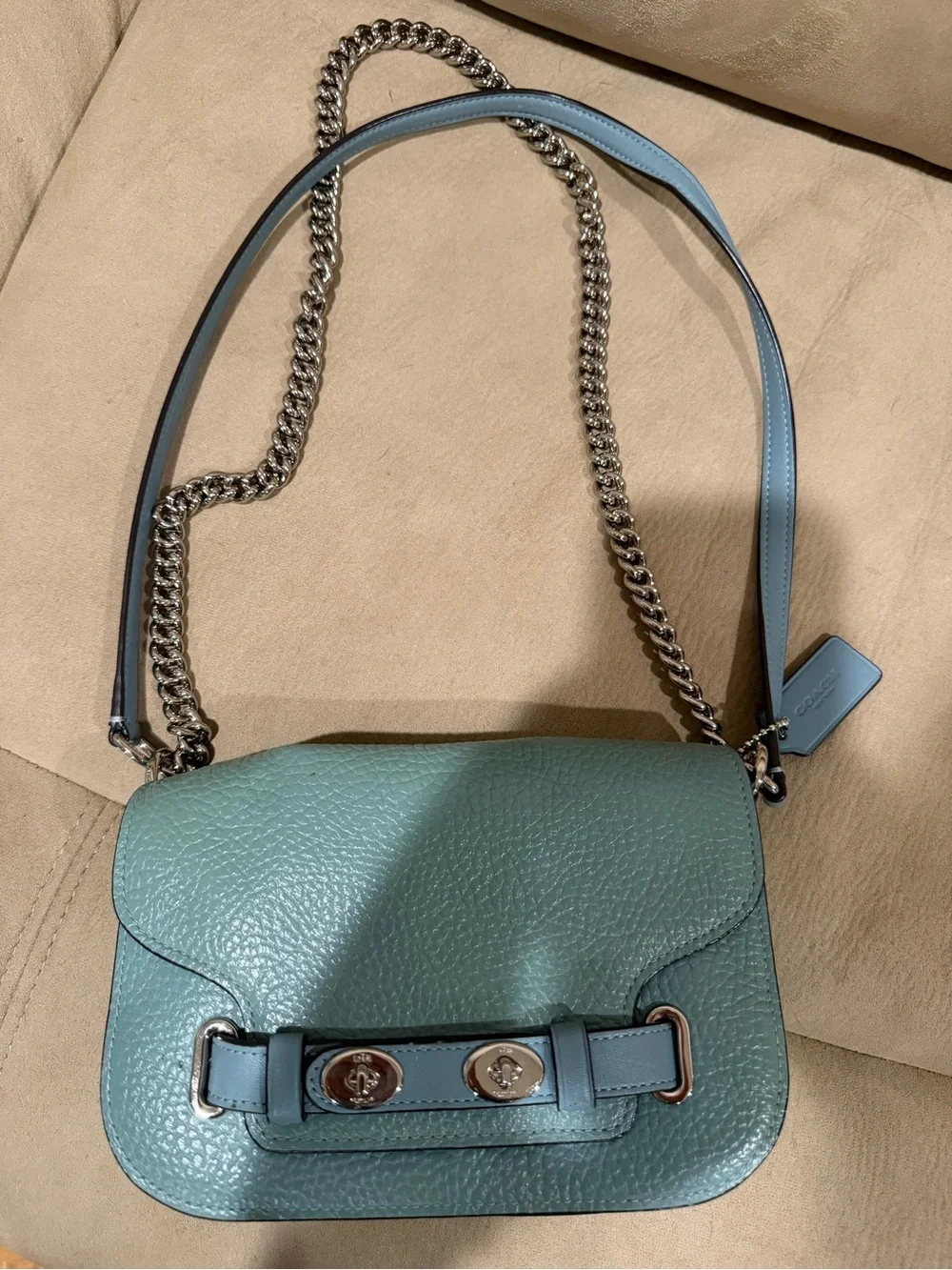 COACH Light Blue Leather Crossbody with Chain Strap
